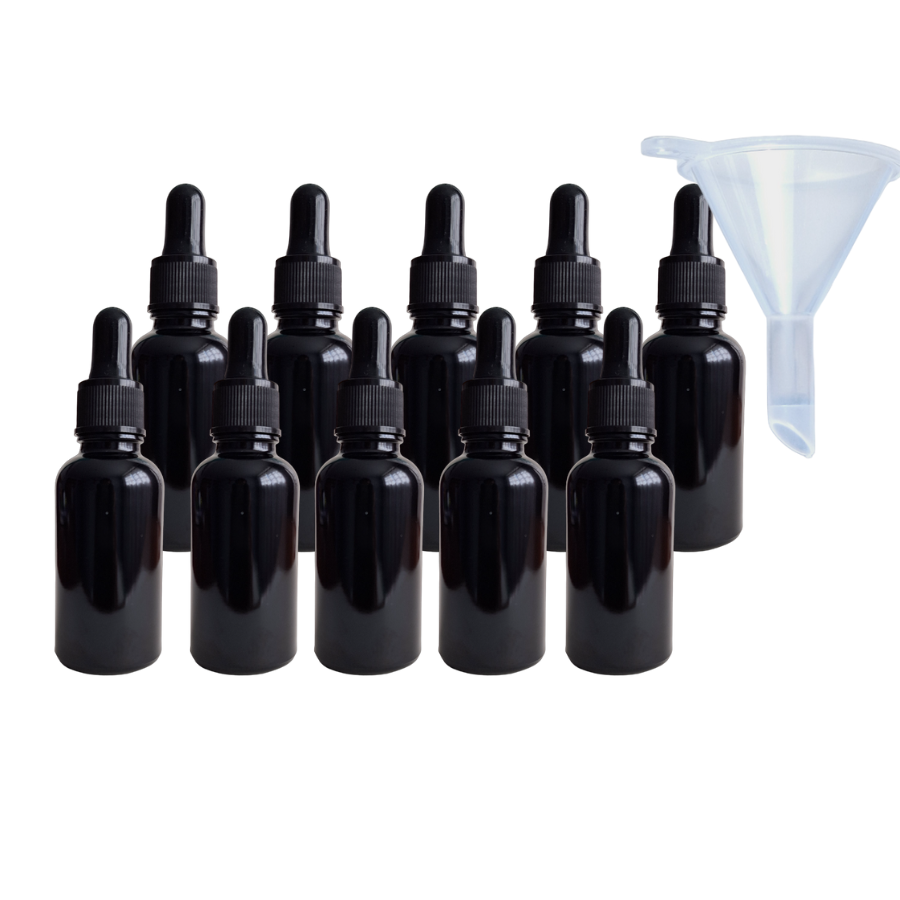 Kit de 10 Botellas Color Negro de Vidrio de 30ml con Gotero de Pipeta, Tapa Negra y Embudo de Regalo (Azul)