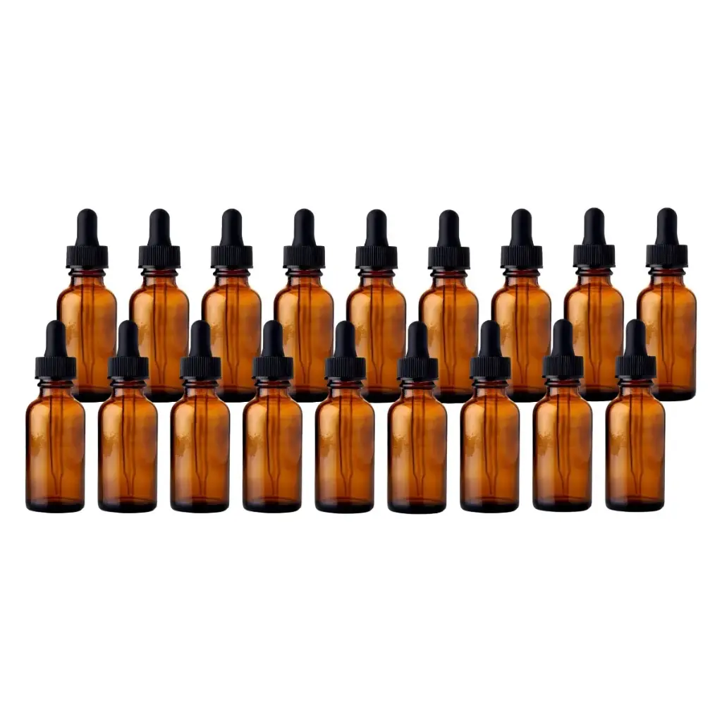 Kit de 18 Botellas Color Ámbar de Vidrio de 30ml con Gotero de Pipeta, Tapa Negra y Embudo de Regalo.